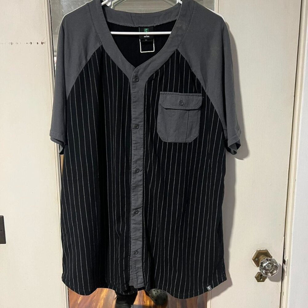 Grey and black pinstripe baseball jersey